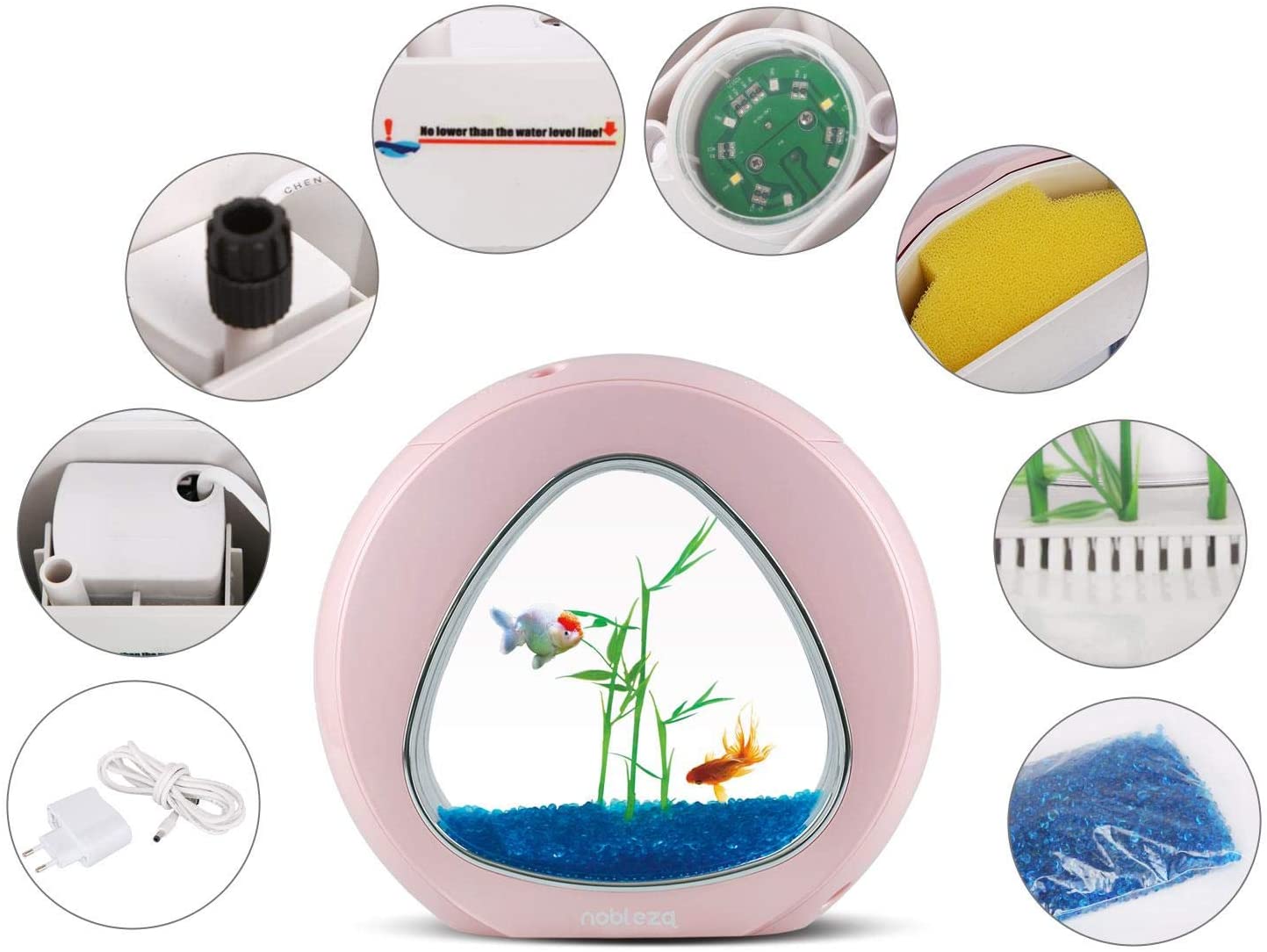Mini Ενυδρείο - Δύο όψεων με Φωτισμό LED, Αντλία Νερού και Φίλτρο, Nobleza Ρόζ 30040